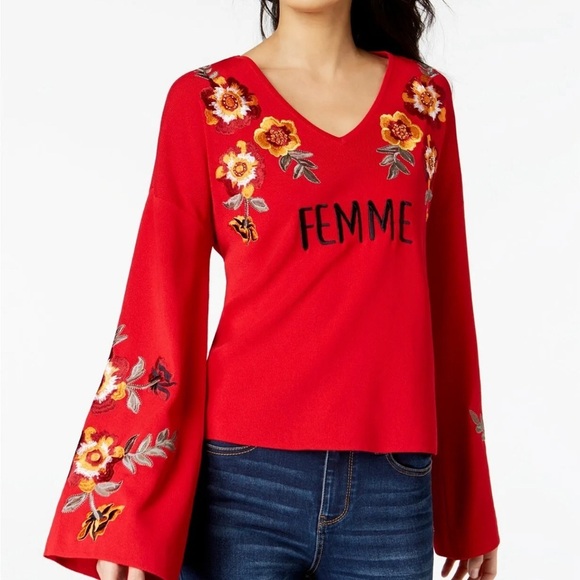 INC Femme Embroidered Flowers Rayon Blend Bell-Sleeve Top Sweater Plus Size 1X - Picture 2 of 11